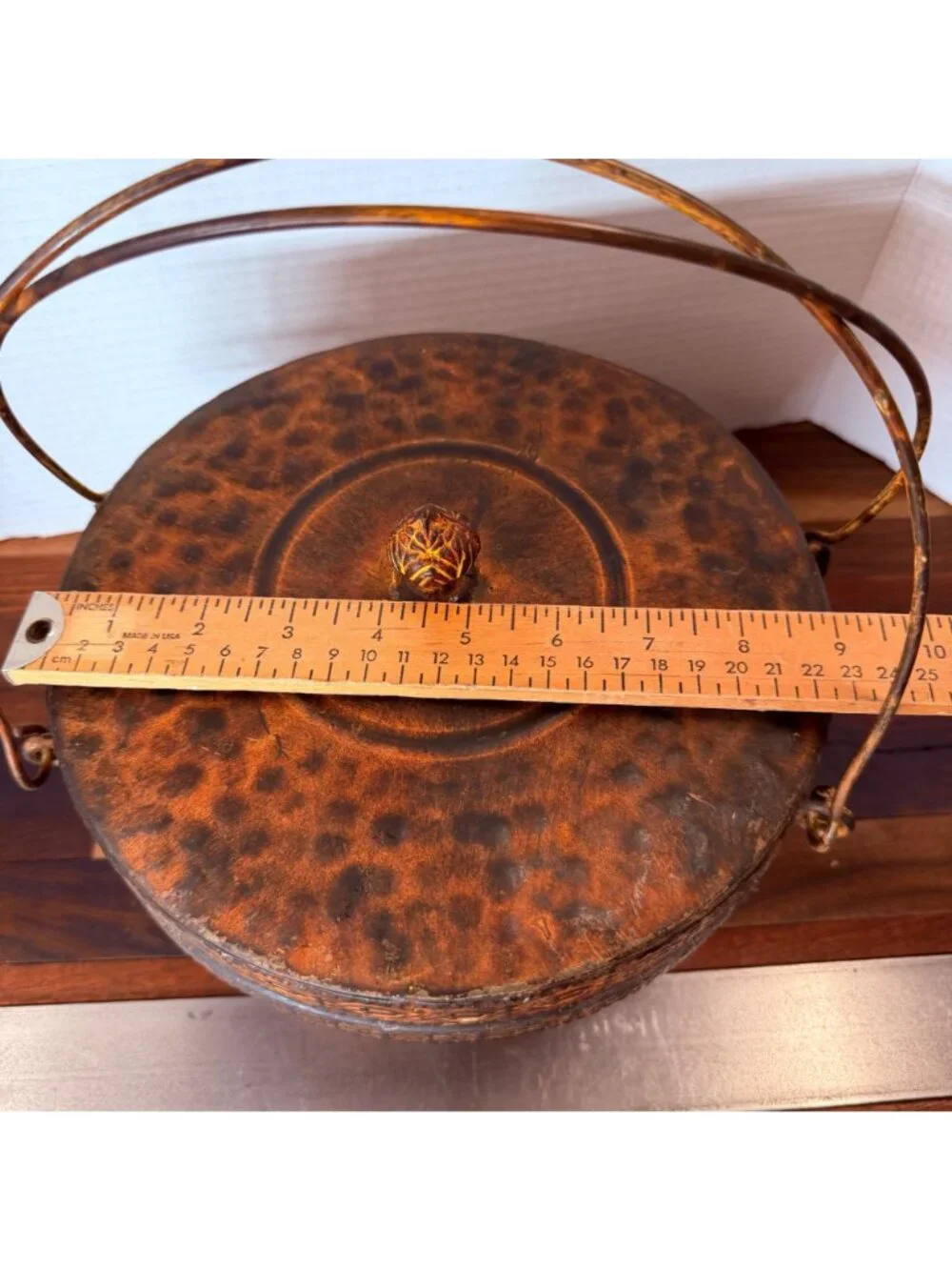 Vintage Asian Tooled Leather & Bamboo Wedding Basket Lidded Keepsake Box with Me